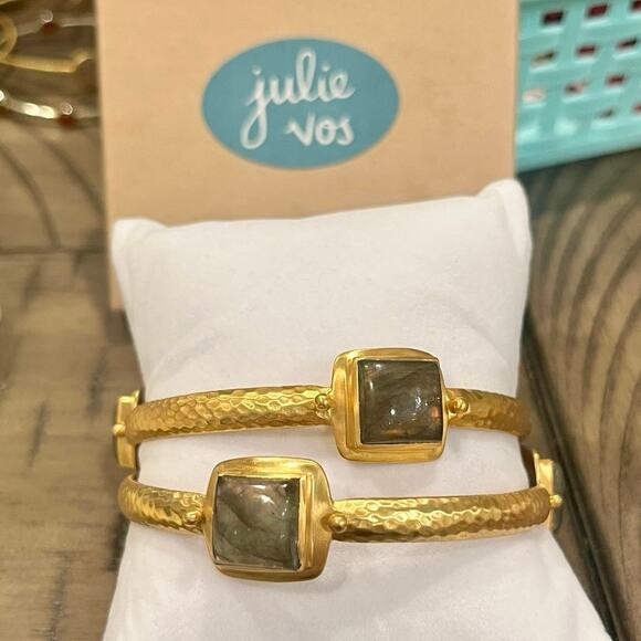 Julie Vos Gold Bangles Set of 2 Medium Stacking Bracelets Gray Stone Boho Layer - Picture 3 of 9